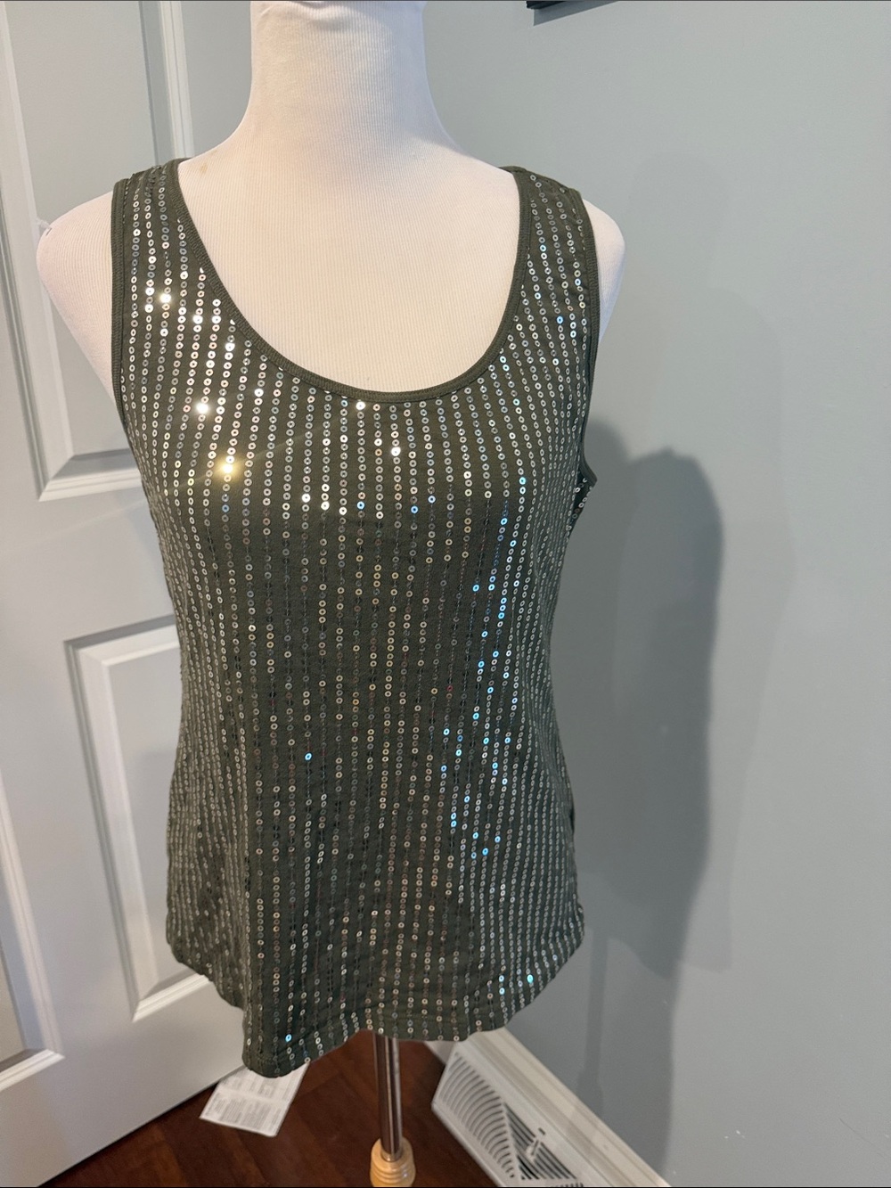 Chaps Olive Green Sequin Scoop Neck Tank